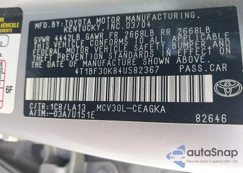 2004 Toyota Camry Xle V6 from USA, damaged, VIN 4T1BF30K84U582367